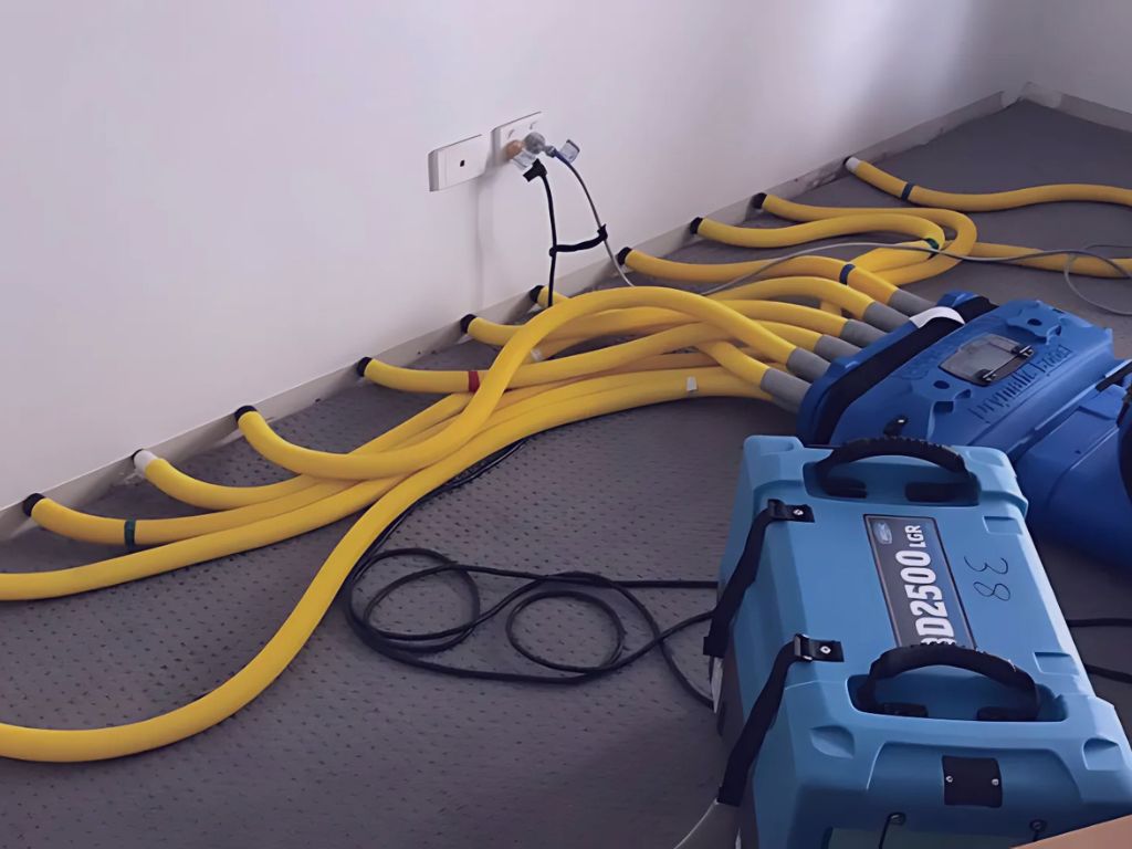 Industrial dehumidifiers and air movers are drying the water-damaged floor during restoration
